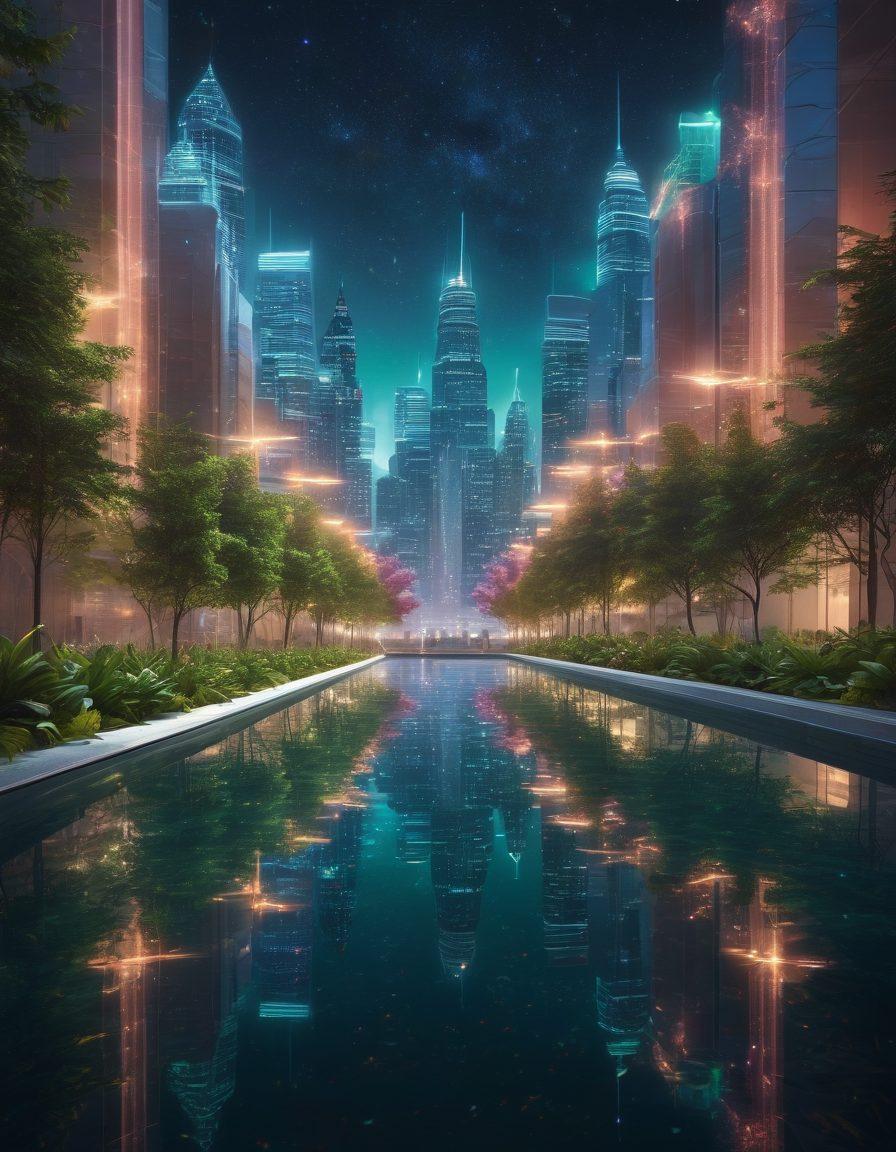 A surreal scene of a person gazing into a shimmering, reflective pool that shows a futuristic city skyline filled with innovative architecture and blooming greenery. Above them, glowing lightbulbs float like stars, symbolizing ideas and creativity. The background should blend warm and cool colors, representing both reflection and innovation. Include elements of nature merging with technology. vibrant colors. 3D.