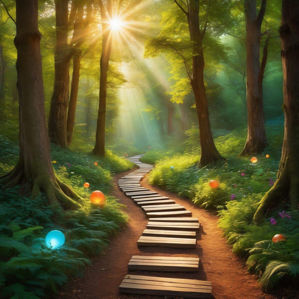 A serene pathway winding through a lush, enchanted forest, with floating luminescent orbs symbolizing wisdom illuminating the path. Abstract art figures of diverse thinkers from various philosophies are depicted along the trail, engaging in conversation. A warm, inviting glow emanates from a distant ancient temple, representing enlightenment. Soft rays of sunlight filter through the trees, enhancing the vibrant colors of nature. impressionistic style. vibrant colors. soft-focus.