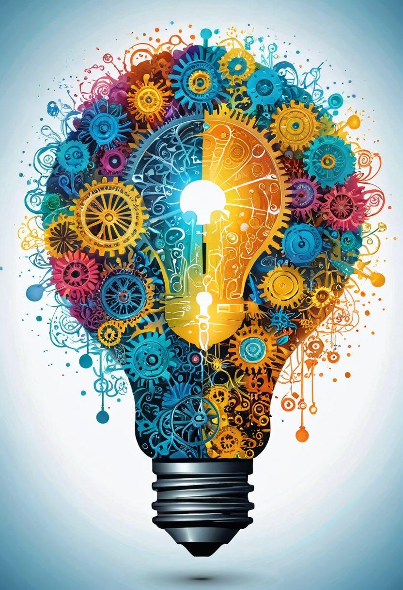 A majestic key unlocking a glowing brain filled with colorful, vibrant ideas bursting forth like fireworks. Surrounding the brain are whimsical doodles of light bulbs, gears, and abstract patterns symbolizing creativity and innovation. The background features a dreamy, soft-focus landscape with hues of blue and yellow to depict inspiration. super-realistic. vibrant colors. white background.